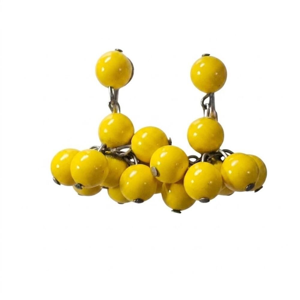 Vintage Yellow Bubble Bead Cluster Earrings, Mid-Century Screw Backs